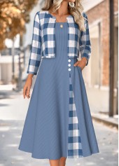 Dusty Blue Tummy Coverage Plaid Dress and Cardigan