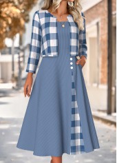 Dusty Blue Tummy Coverage Plaid Dress and Cardigan | thumb picture 