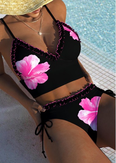 women clothes image of Tie Mid Waisted Floral Print Black Bikini Set