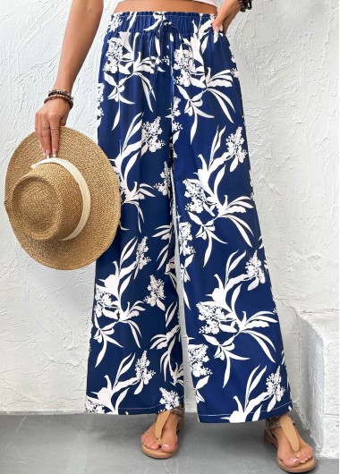women clothes image of Dark Blue Plants Print Wide Leg Elastic Waist Pants
