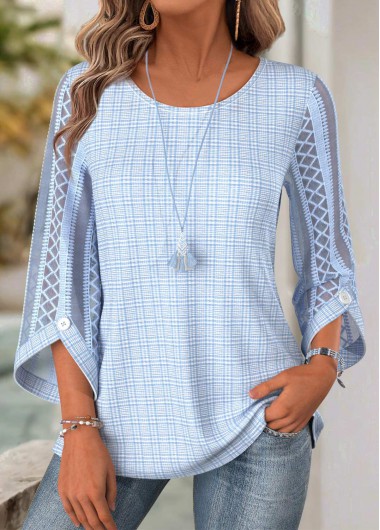 women clothes image of Light Blue 3/4 Sleeve Round Neck Blouse
