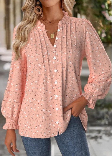 women clothes image of Pink Tummy Coverage Floral Print Long Sleeve Blouse