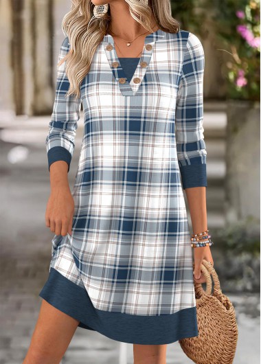 women clothes image of Dusty Blue Tummy Coverage Plaid Short Long Sleeve Dress