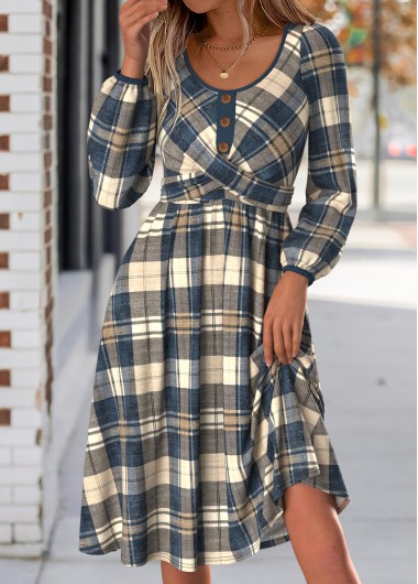 women clothes image of Multi Color Tummy Coverage Plaid Long Sleeve Dress