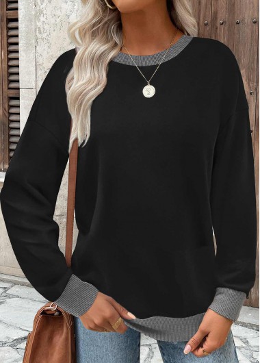 Black Tummy Coverage Long Sleeve Round Neck Sweatshirt