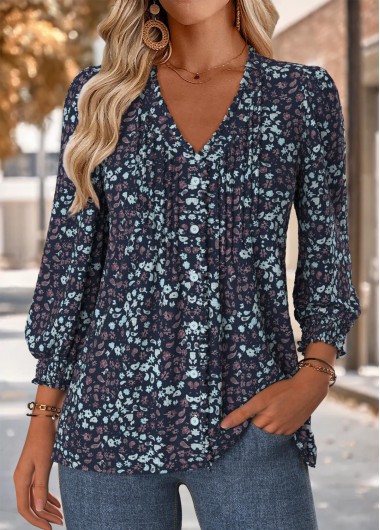 women clothes image of Navy Frill Floral Print Long Sleeve V Neck Blouse