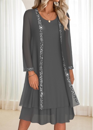Dark Grey Long Sleeve Dress and Cardigan Set – A-Line Midi Tummy