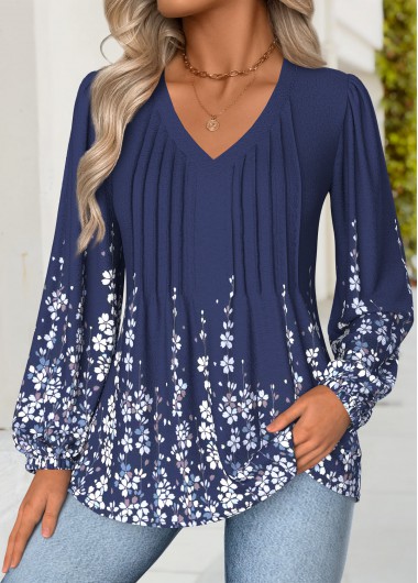 women clothes image of Navy Tummy Coverage Floral Print Long Sleeve Blouse