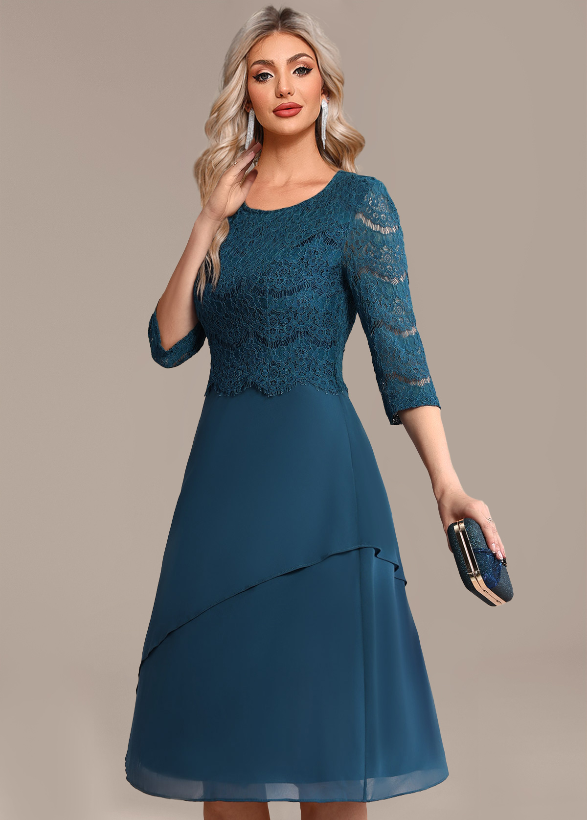 Peacock Blue Lace 3/4 Sleeve Round Neck Dress | picture 