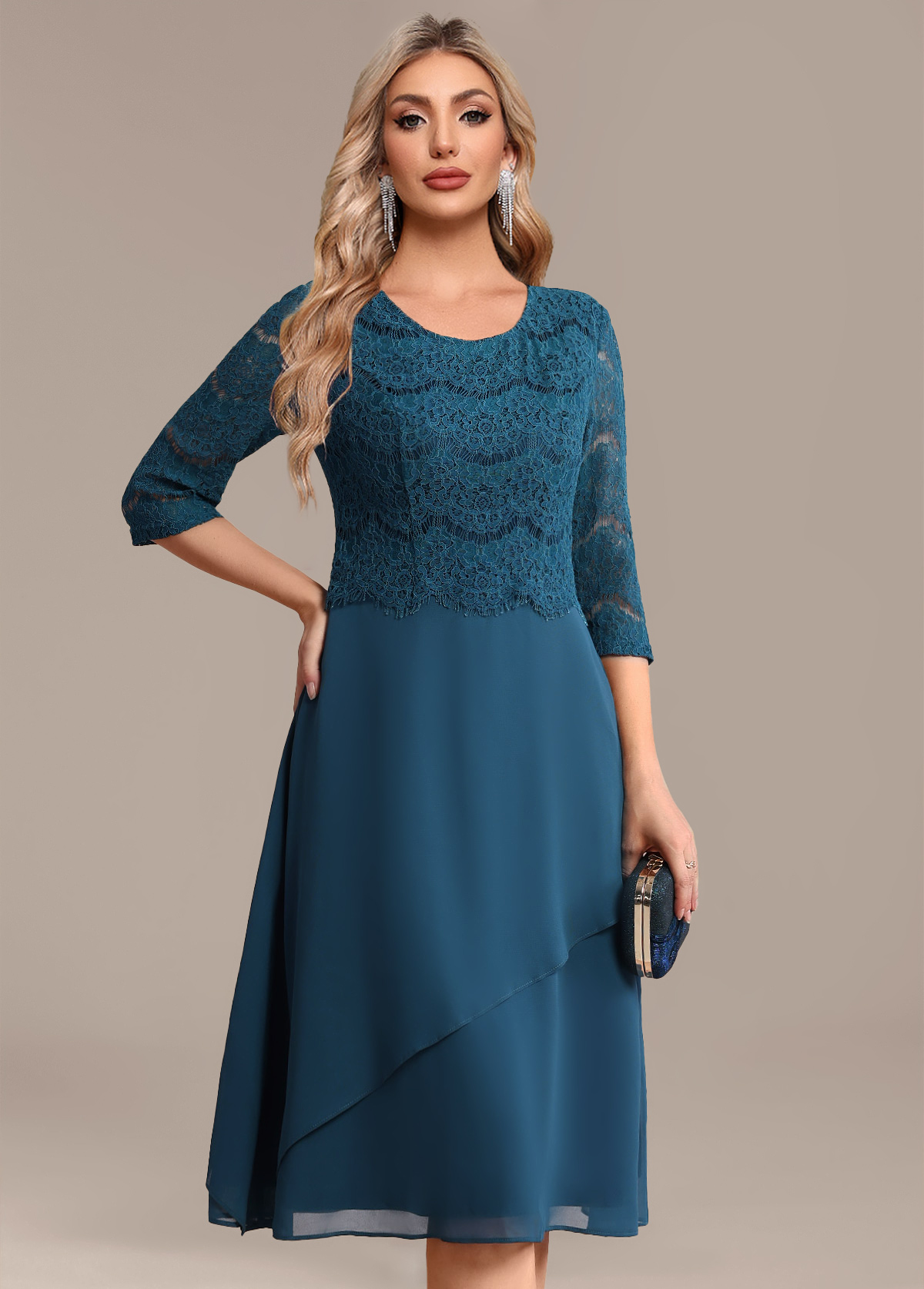 Peacock Blue Lace 3/4 Sleeve Round Neck Dress | picture 