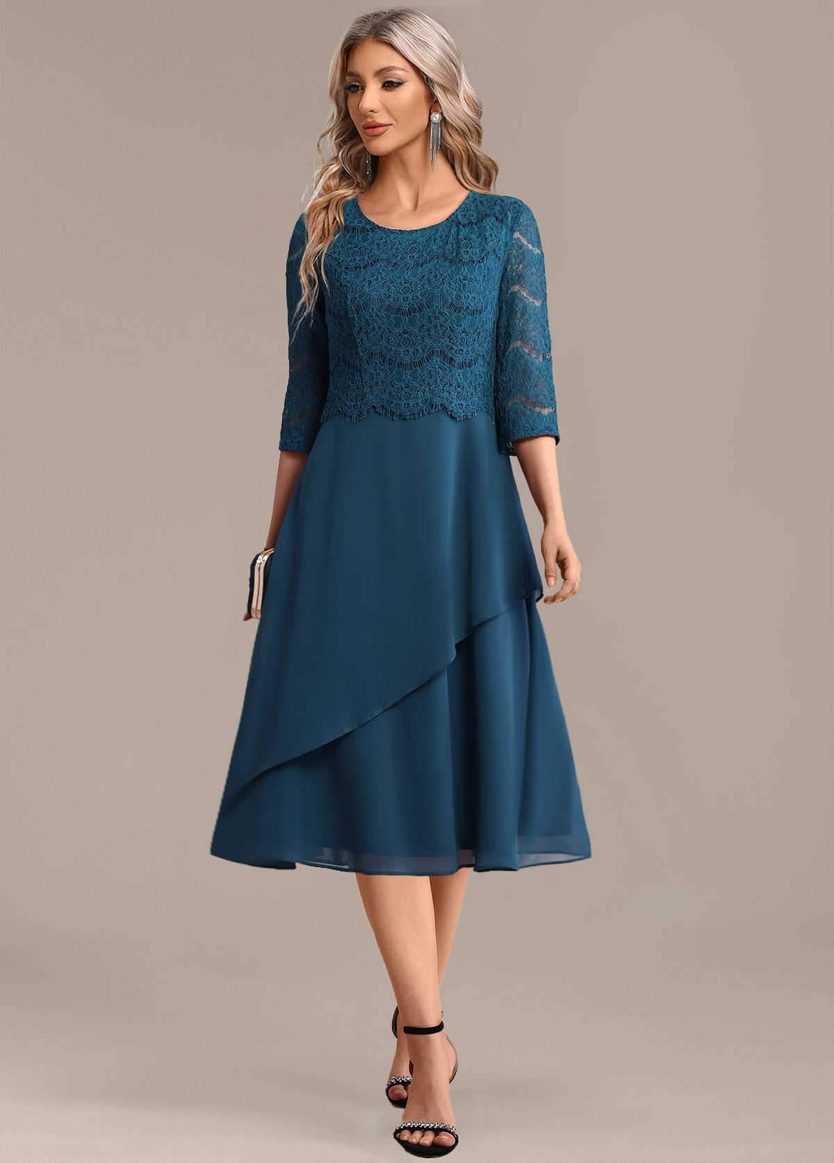 Peacock Blue Lace 3/4 Sleeve Round Neck Dress | picture 