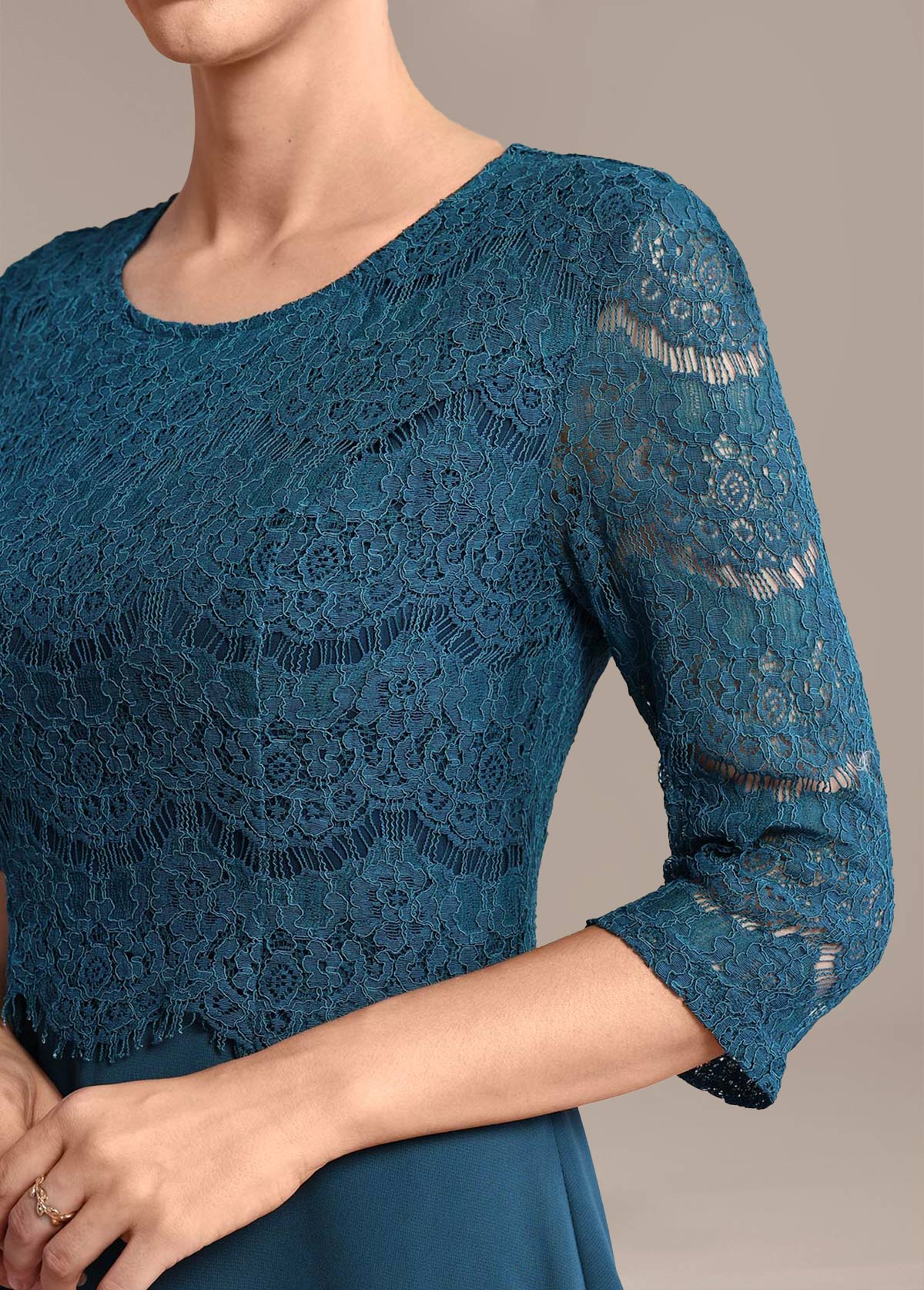 Peacock Blue Lace 3/4 Sleeve Round Neck Dress | picture 