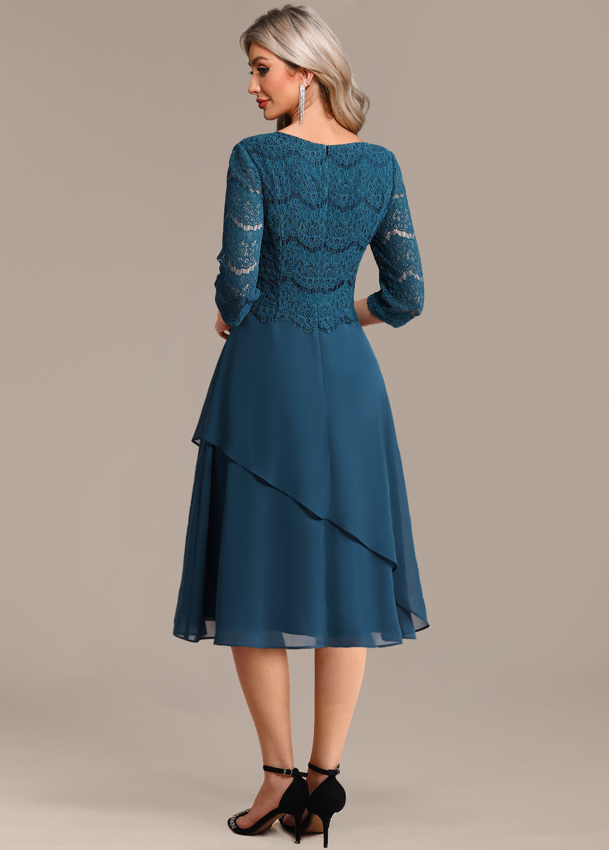 Peacock Blue Lace 3/4 Sleeve Round Neck Dress | picture 