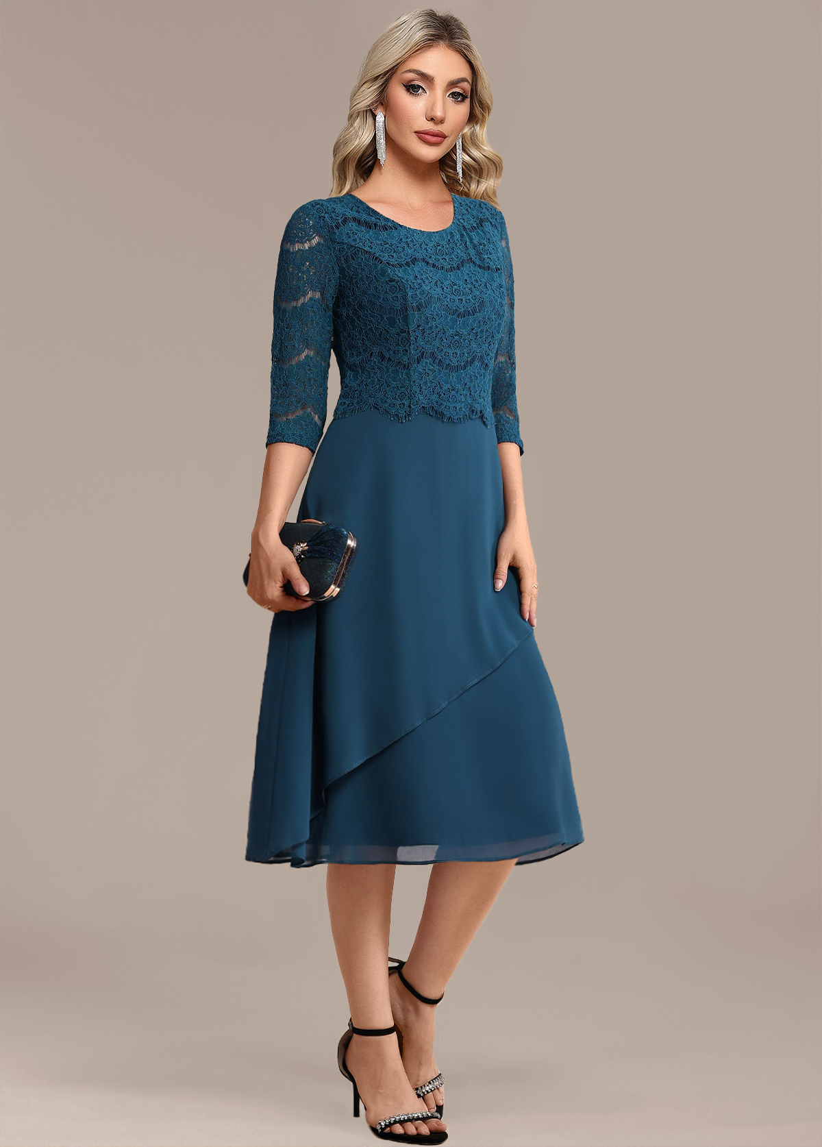 Peacock Blue Lace 3/4 Sleeve Round Neck Dress | picture 