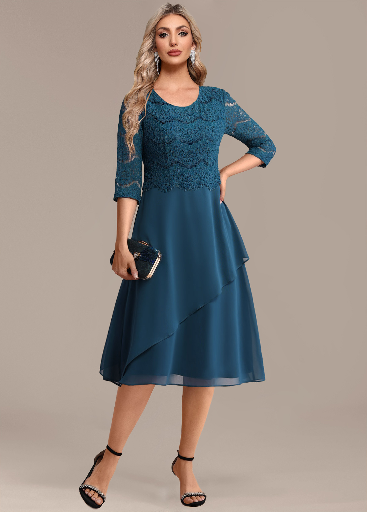 Peacock Blue Lace 3/4 Sleeve Round Neck Dress | picture 