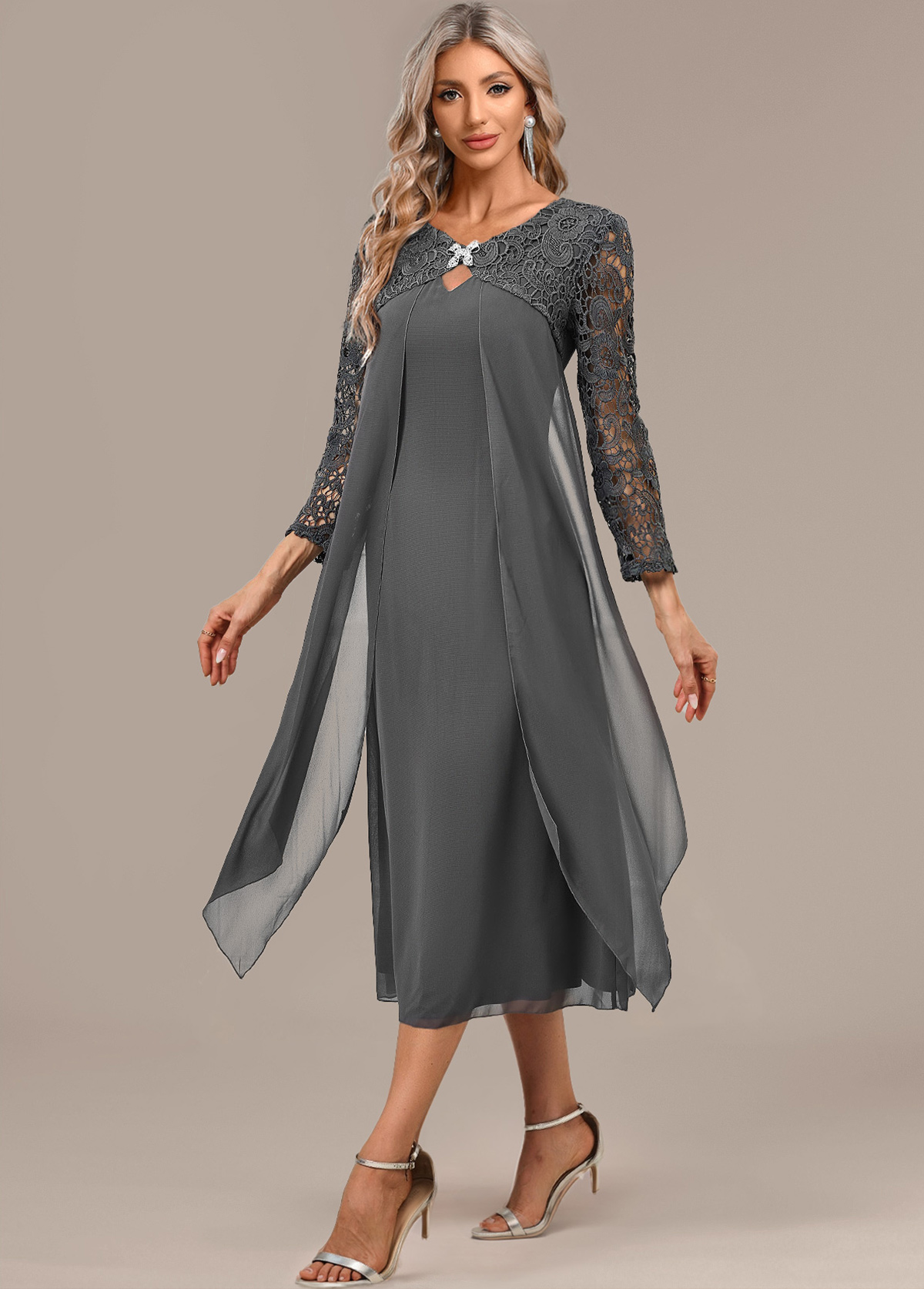 Dark Grey A Line 3/4 Sleeve Round Neck Dress | picture 