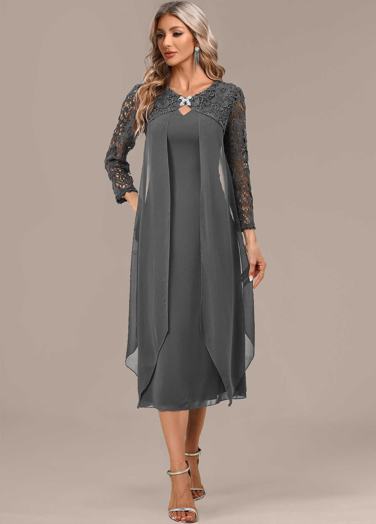 Dark Grey A Line 3/4 Sleeve Round Neck Dress | picture 