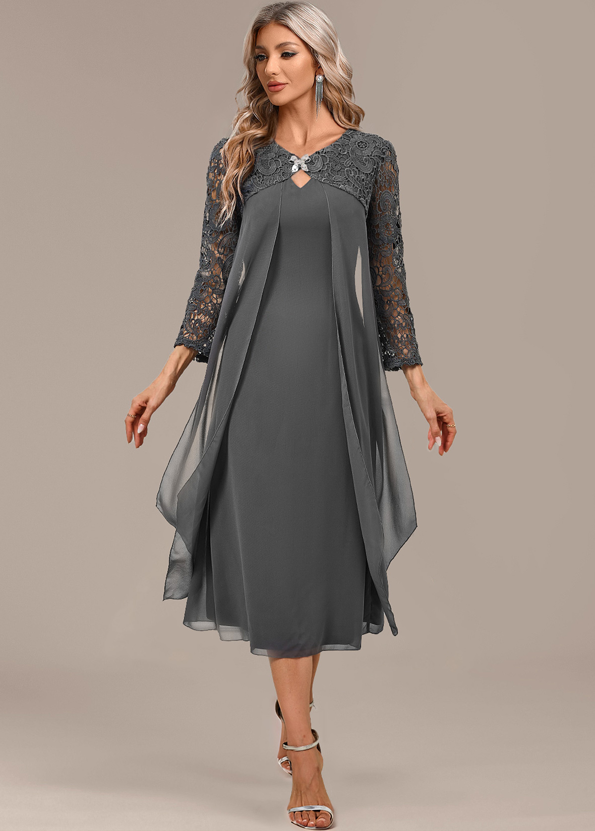 Dark Grey A Line 3/4 Sleeve Round Neck Dress | picture 