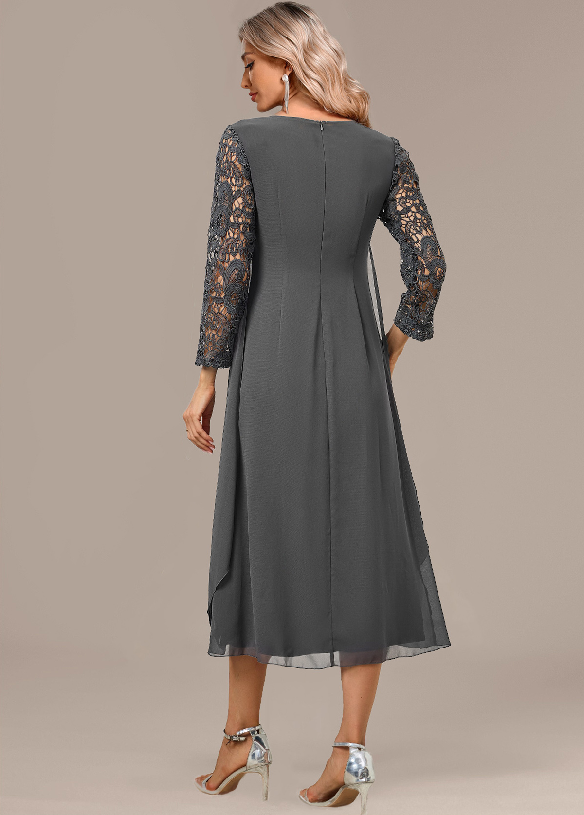 Dark Grey A Line 3/4 Sleeve Round Neck Dress | picture 