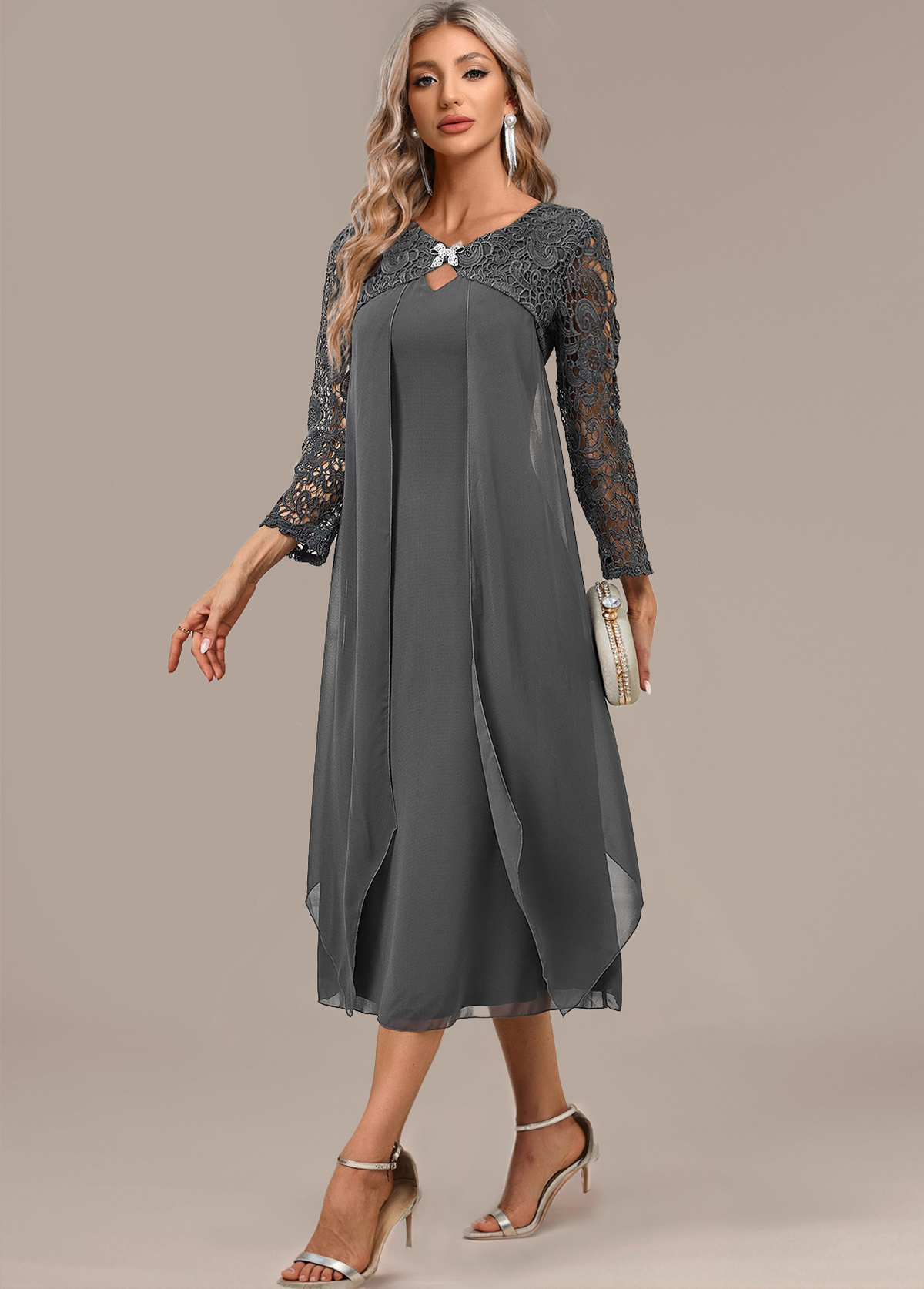 Dark Grey A Line 3/4 Sleeve Round Neck Dress | picture 