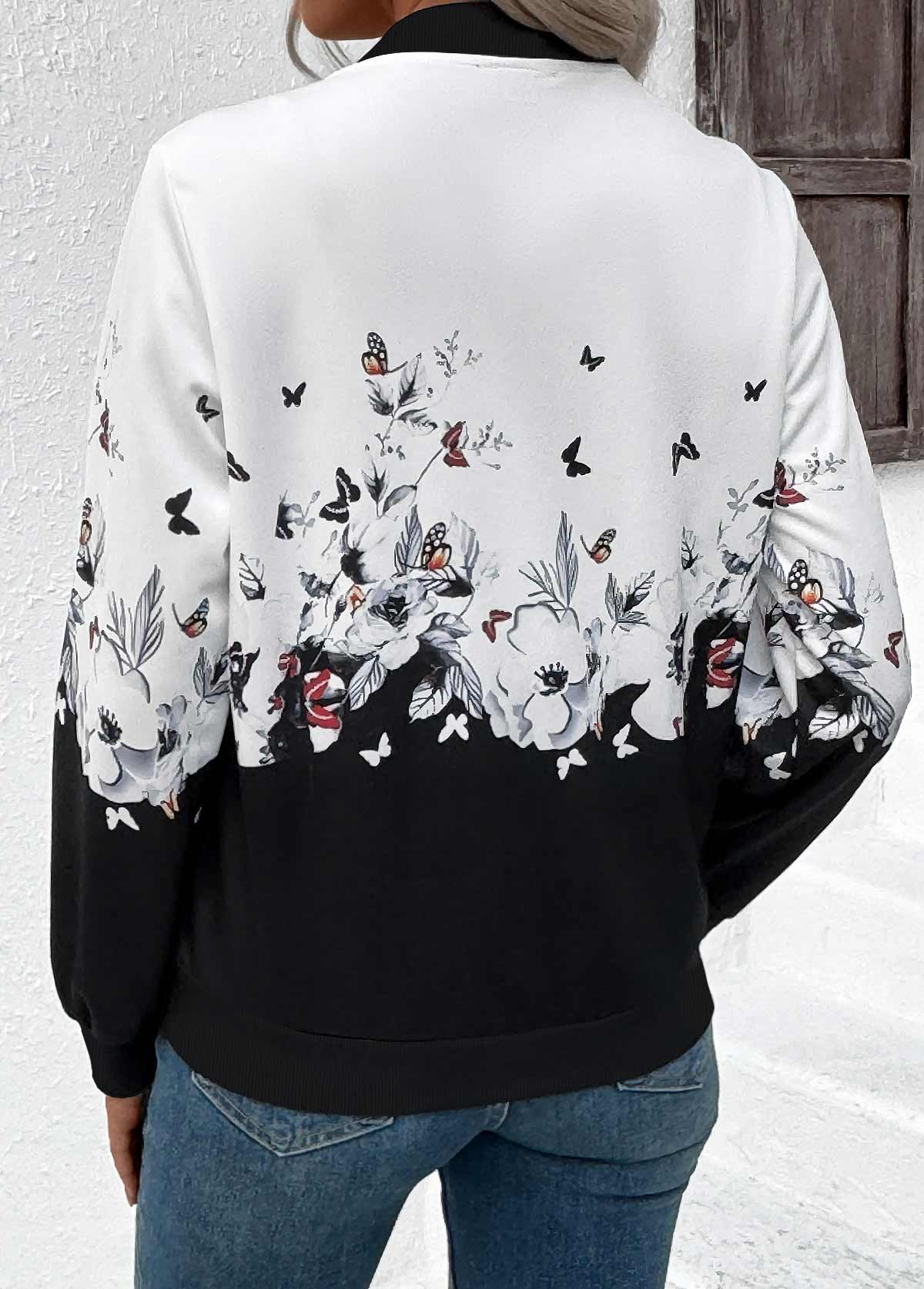 White Zipper Floral Print Long Sleeve Stand Collar Jacket | picture 