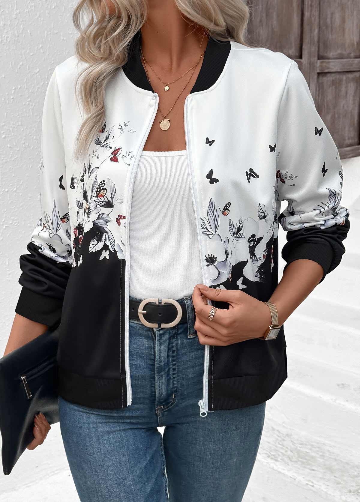 White Zipper Floral Print Long Sleeve Stand Collar Jacket | picture 