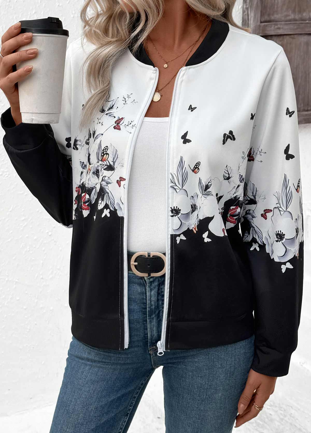 White Zipper Floral Print Long Sleeve Stand Collar Jacket | picture 