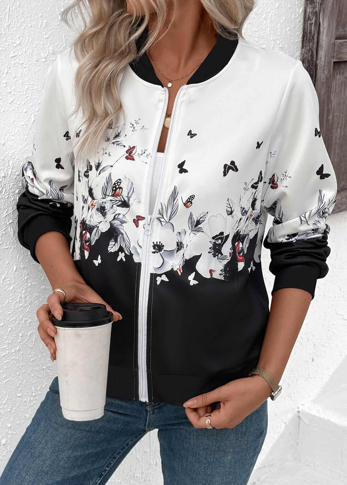 White Zipper Floral Print Long Sleeve Stand Collar Jacket | picture 