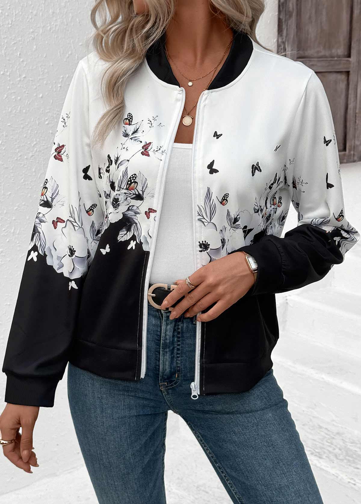 White Zipper Floral Print Long Sleeve Stand Collar Jacket | picture 
