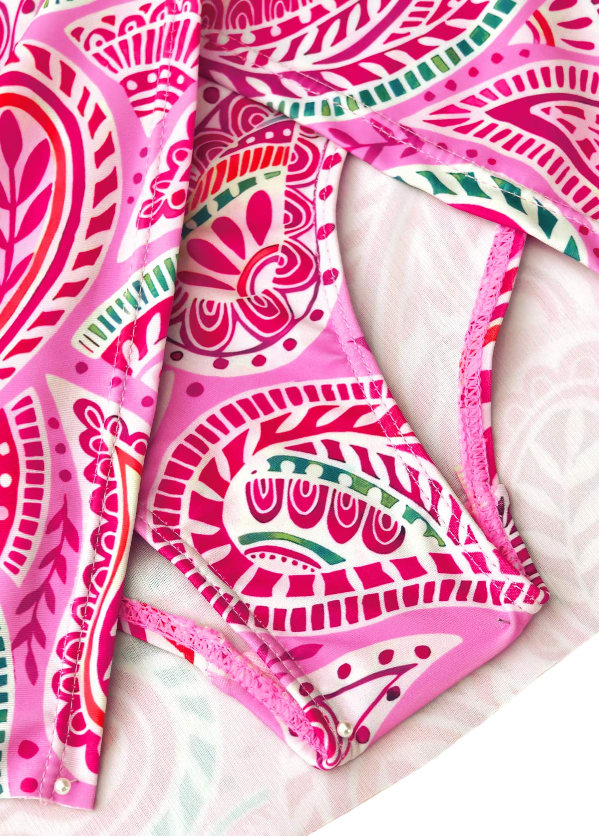 Ruched Mid Waisted Paisley Print Pink Tankini Set | picture 