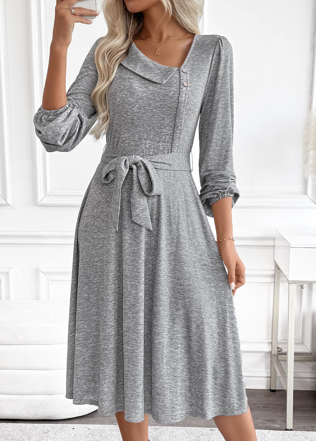 Light Grey Marl Tummy Coverage Belted Long Sleeve Dress | picture 