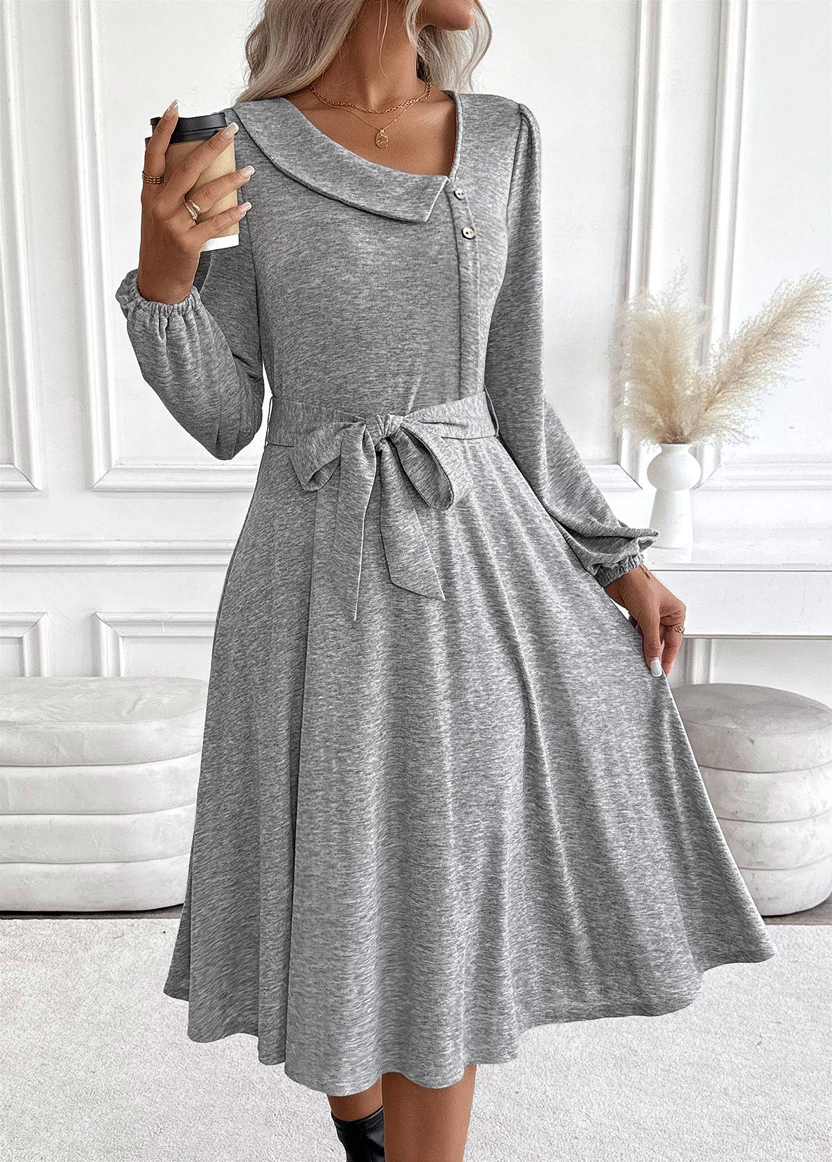 Light Grey Marl Tummy Coverage Belted Long Sleeve Dress | picture 