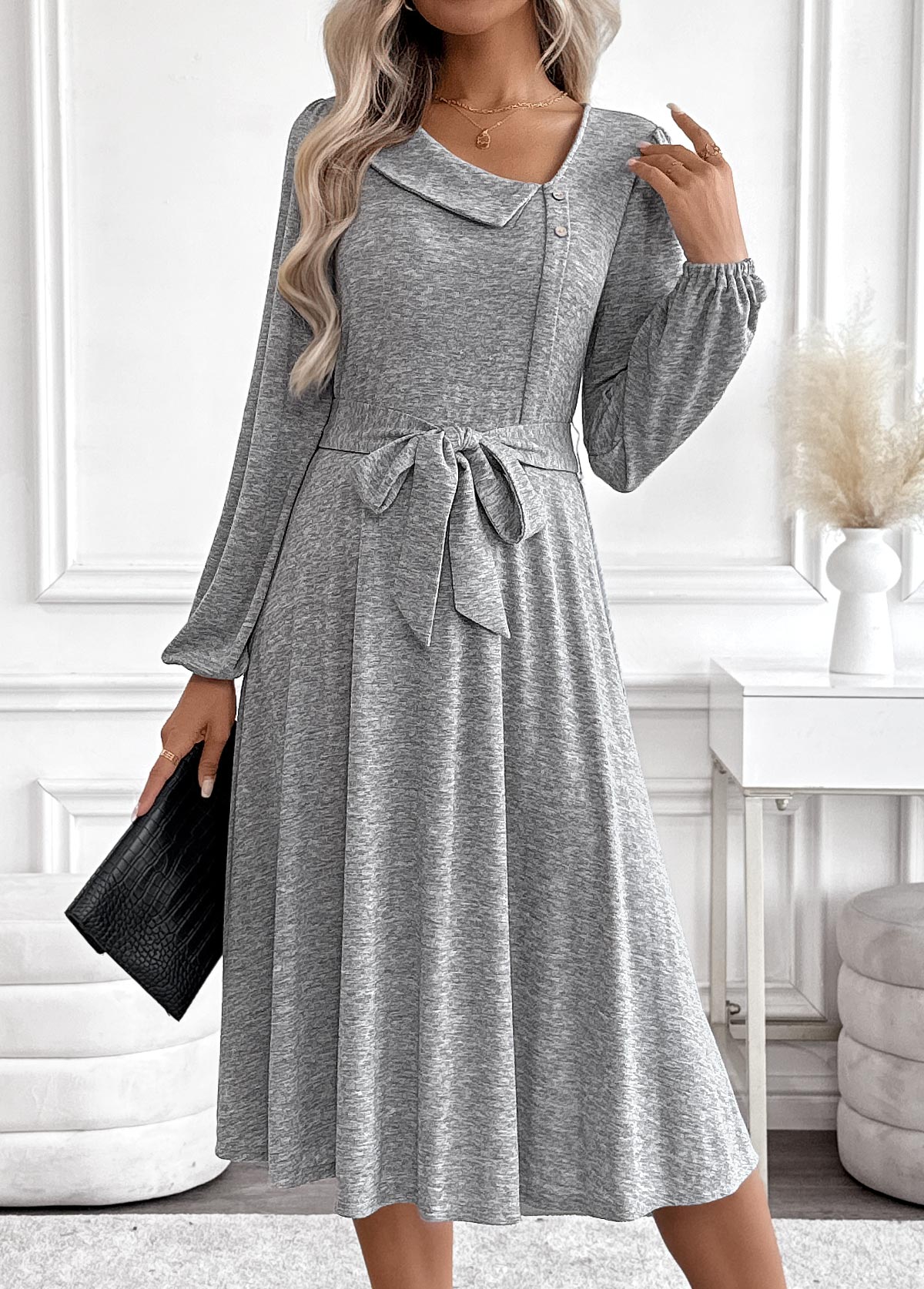 Light Grey Marl Tummy Coverage Belted Long Sleeve Dress | picture 