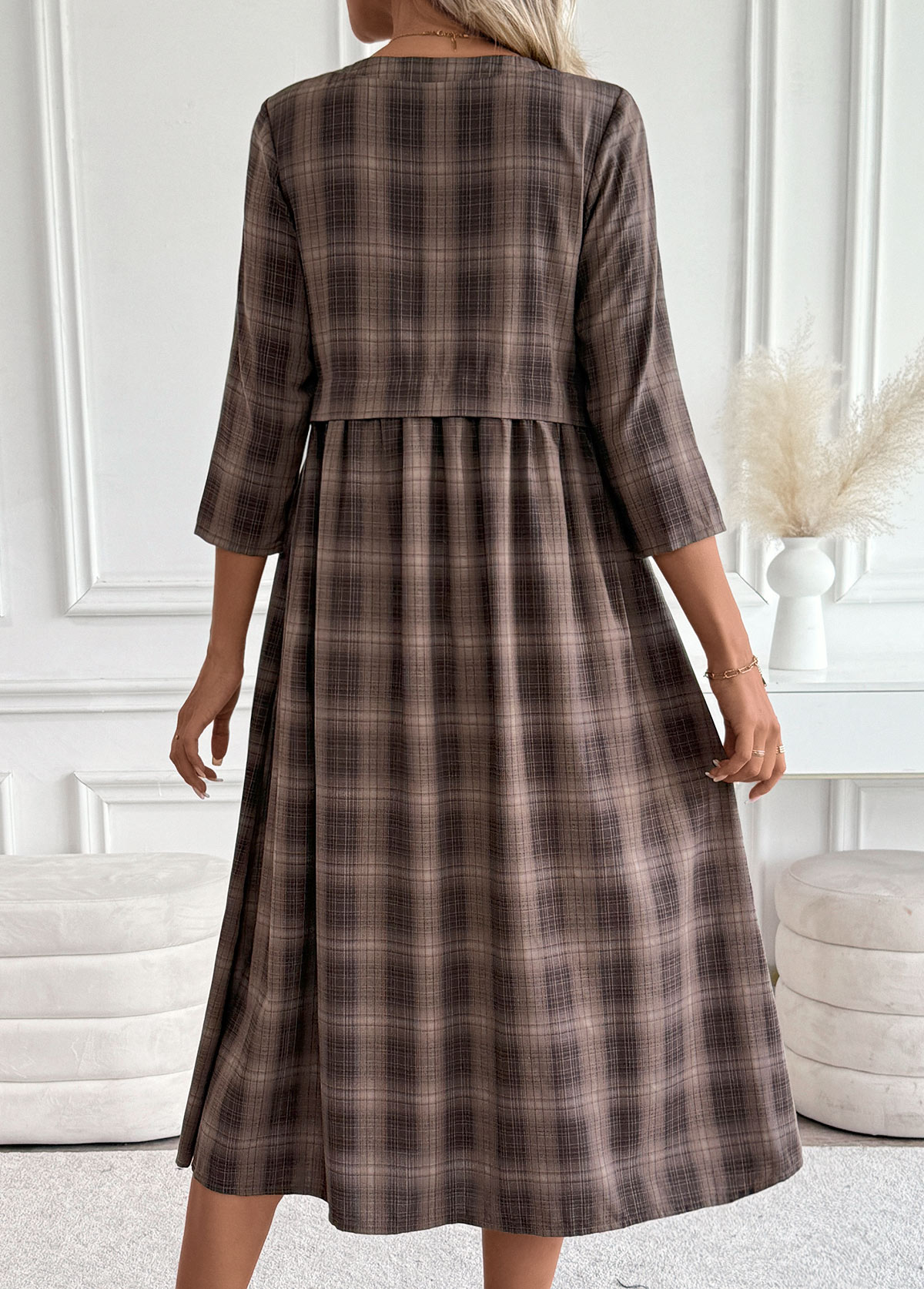 Dark Coffee Tummy Coverage Plaid 3/4 Sleeve Dress | picture 