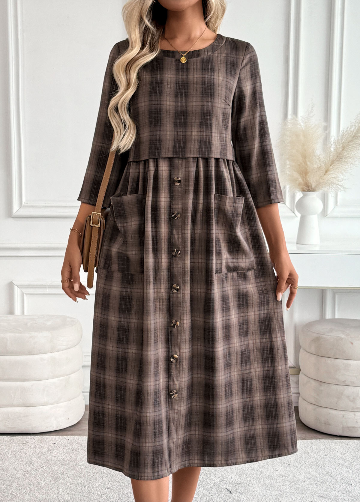 Dark Coffee Tummy Coverage Plaid 3/4 Sleeve Dress | picture 