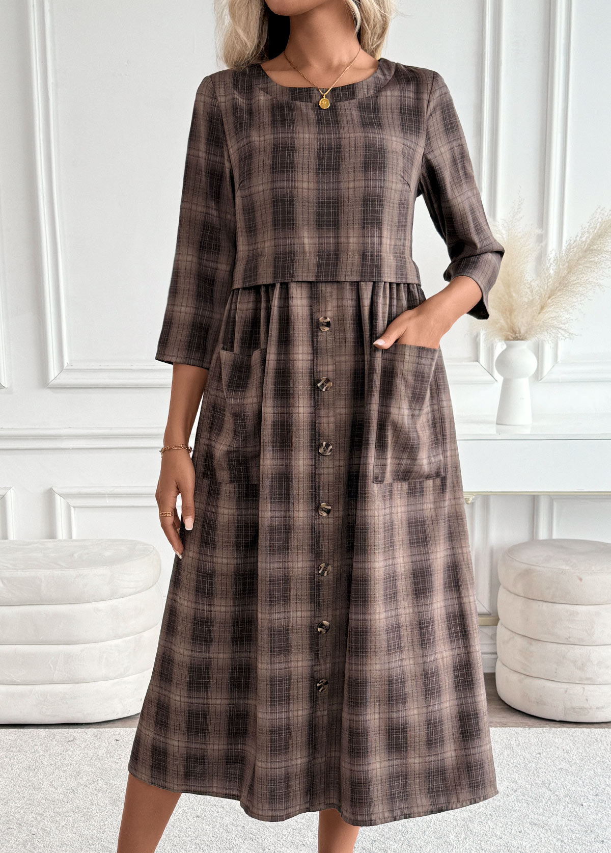 Dark Coffee Tummy Coverage Plaid 3/4 Sleeve Dress | picture 