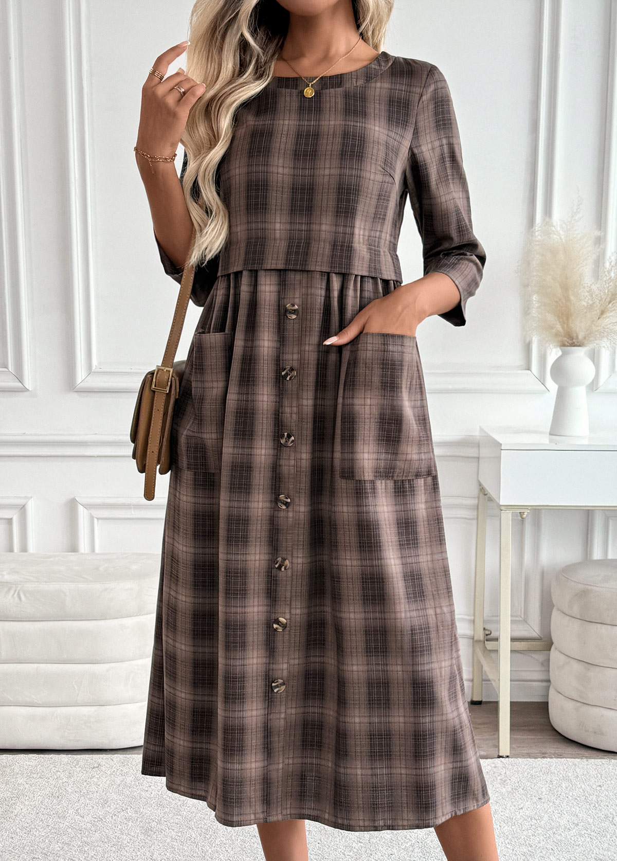 Dark Coffee Tummy Coverage Plaid 3/4 Sleeve Dress | picture 
