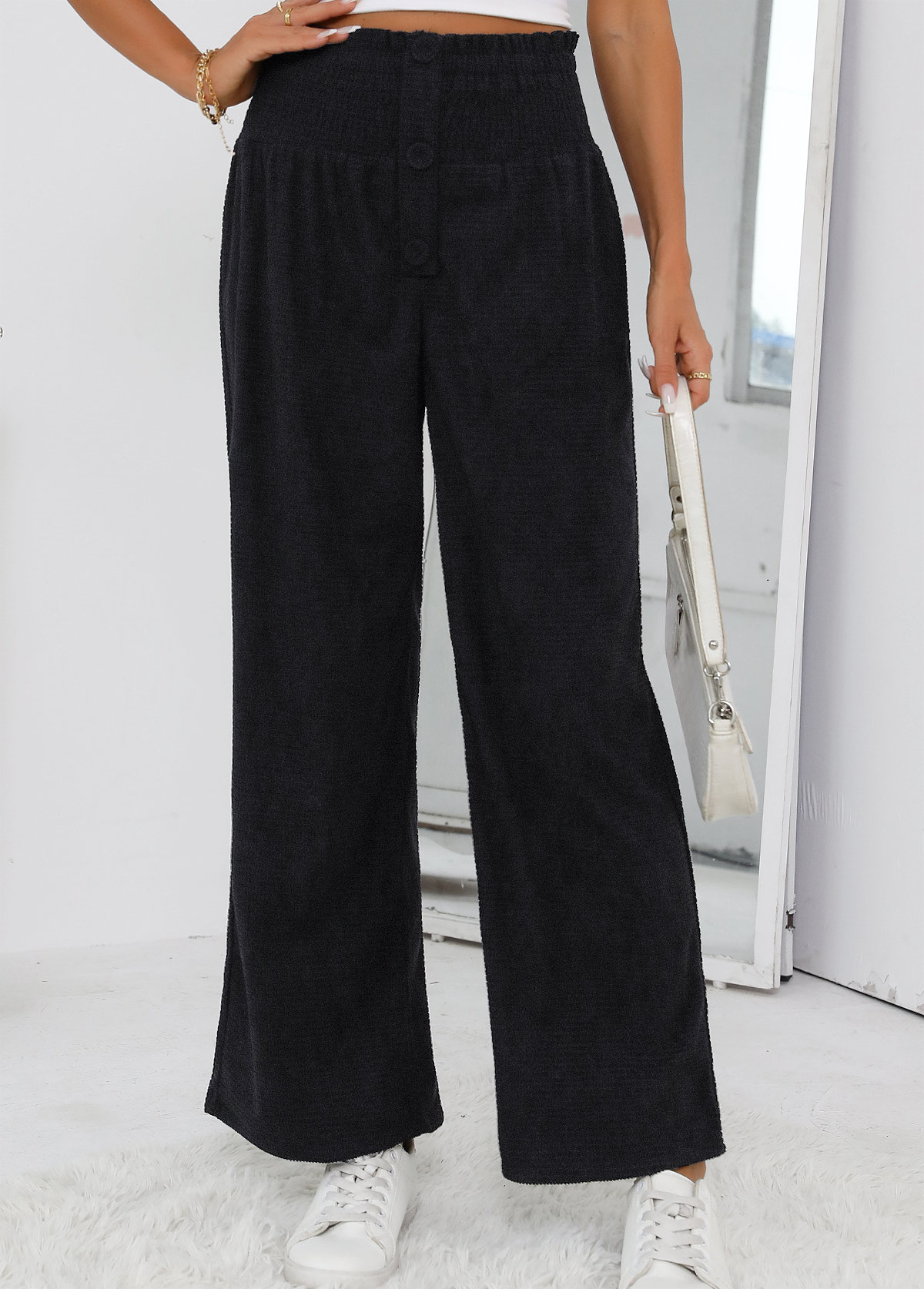 Black Wide Leg Elastic Waist High Waisted Pants | picture 