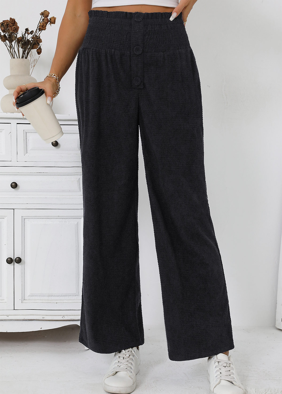 Black Wide Leg Elastic Waist High Waisted Pants | picture 