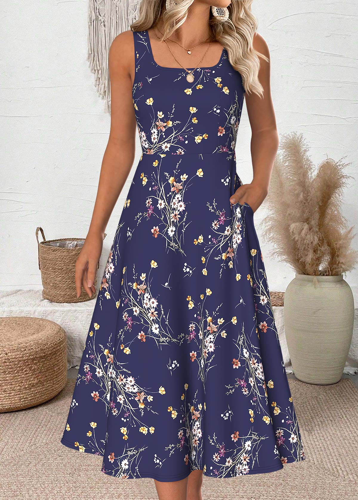 Navy Floral Print Half Sleeve Dress and Cardigan | picture 