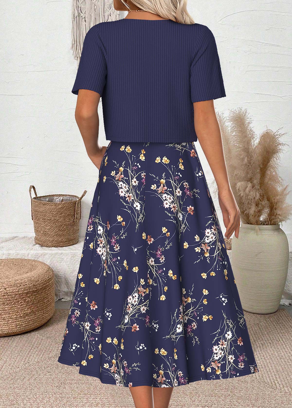 Navy Floral Print Half Sleeve Dress and Cardigan | picture 