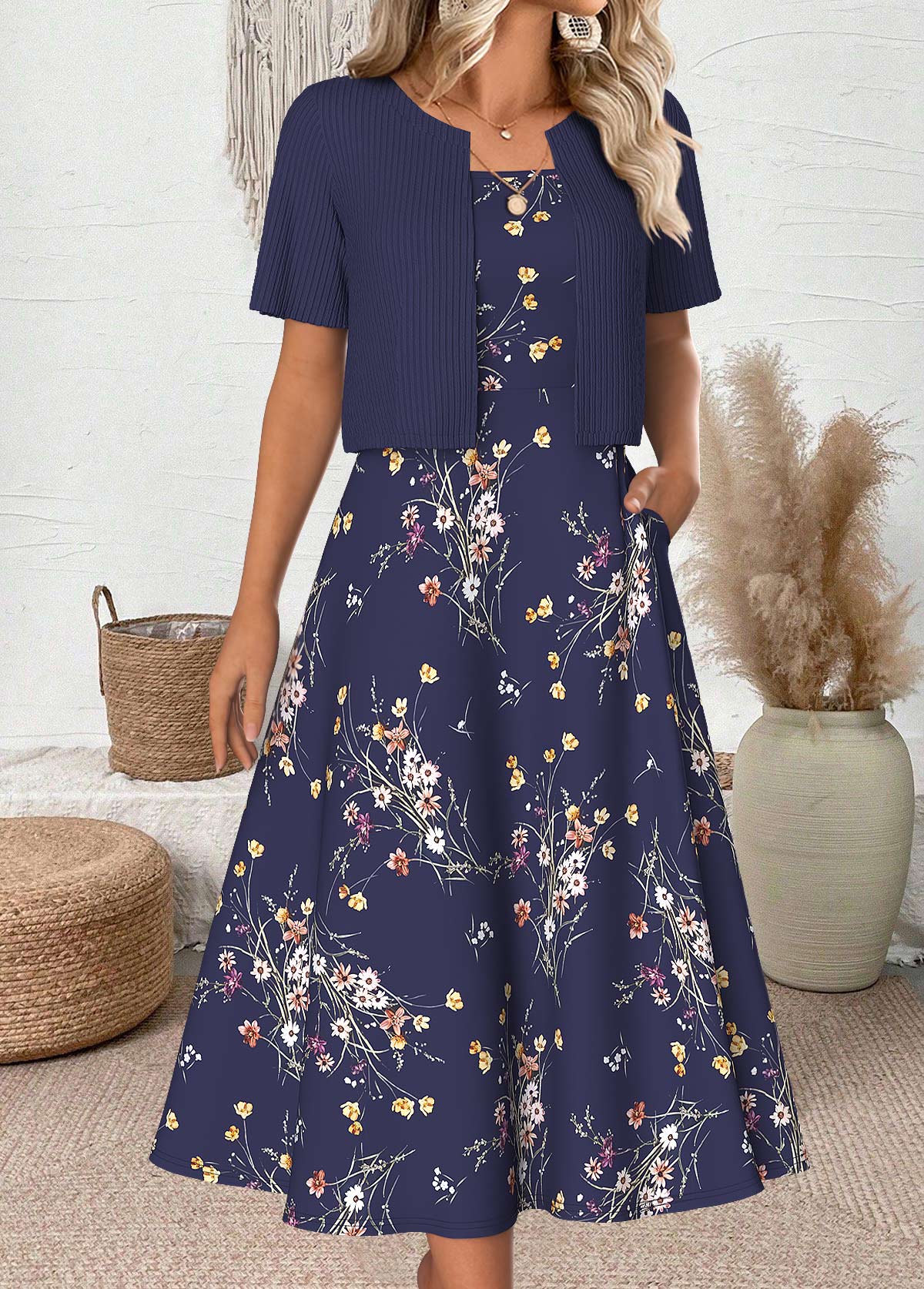 Navy Floral Print Half Sleeve Dress and Cardigan | picture 