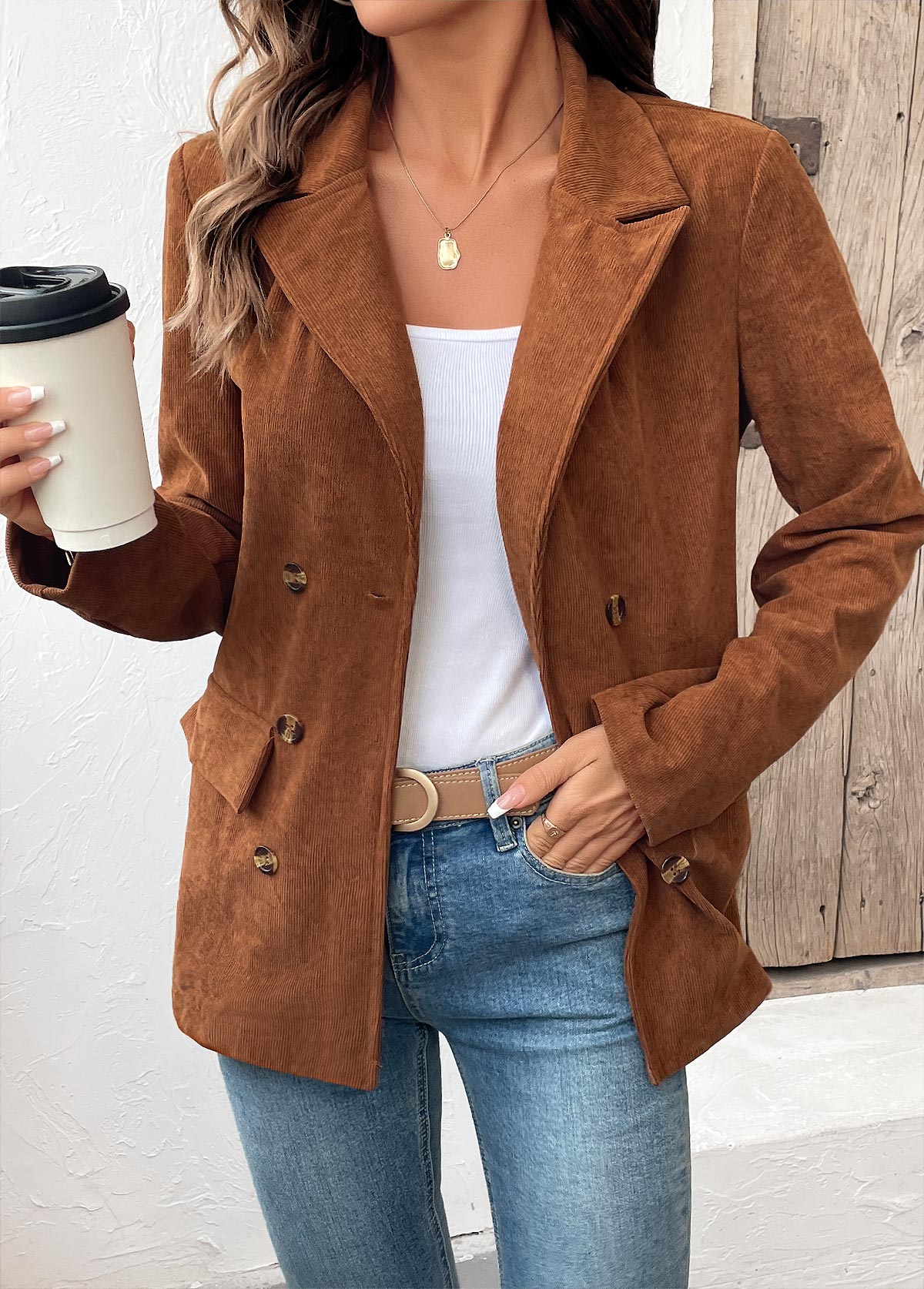 Dark Camel Tummy Coverage Long Sleeve Lapel Coat | picture 