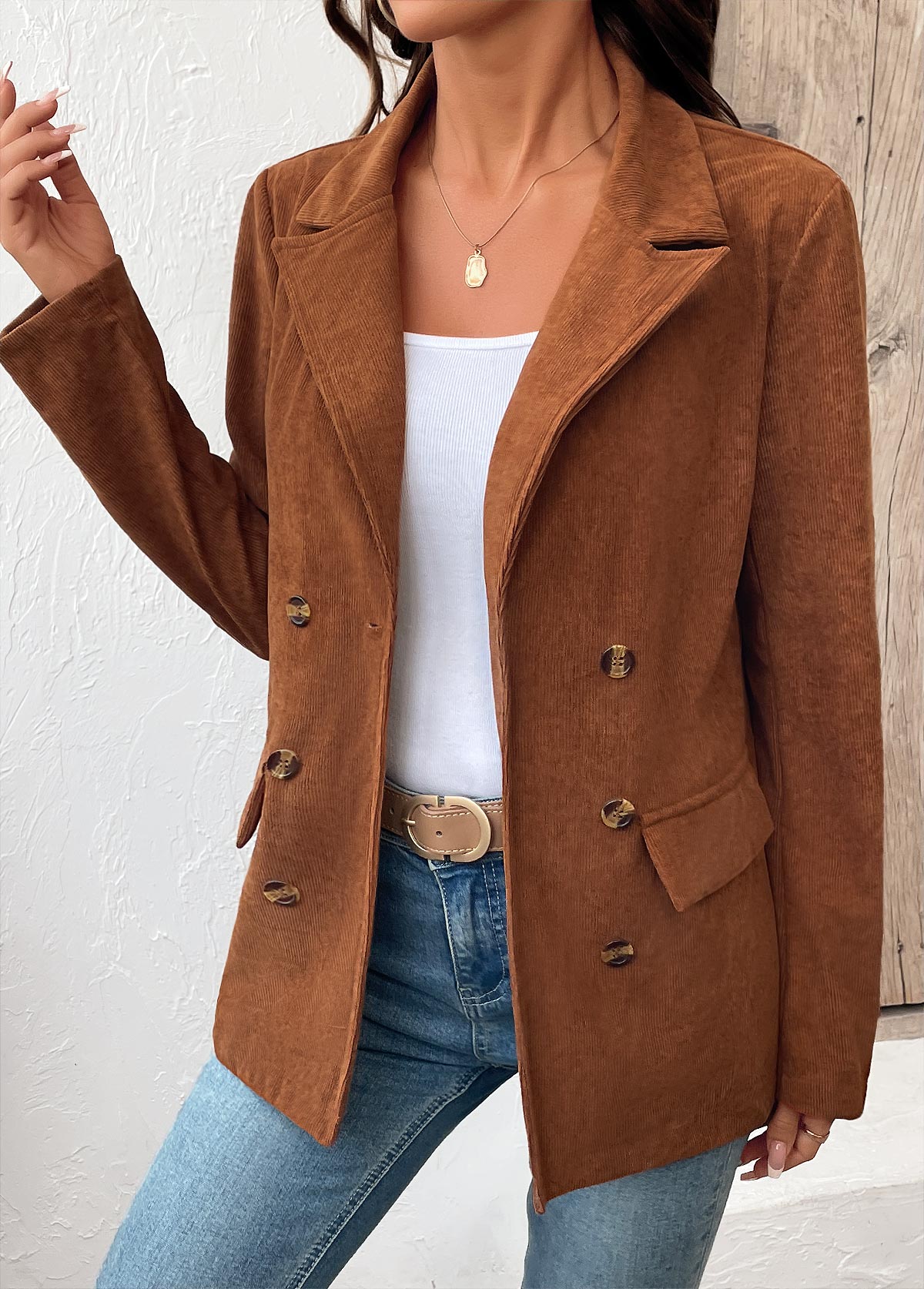 Dark Camel Tummy Coverage Long Sleeve Lapel Coat | picture 