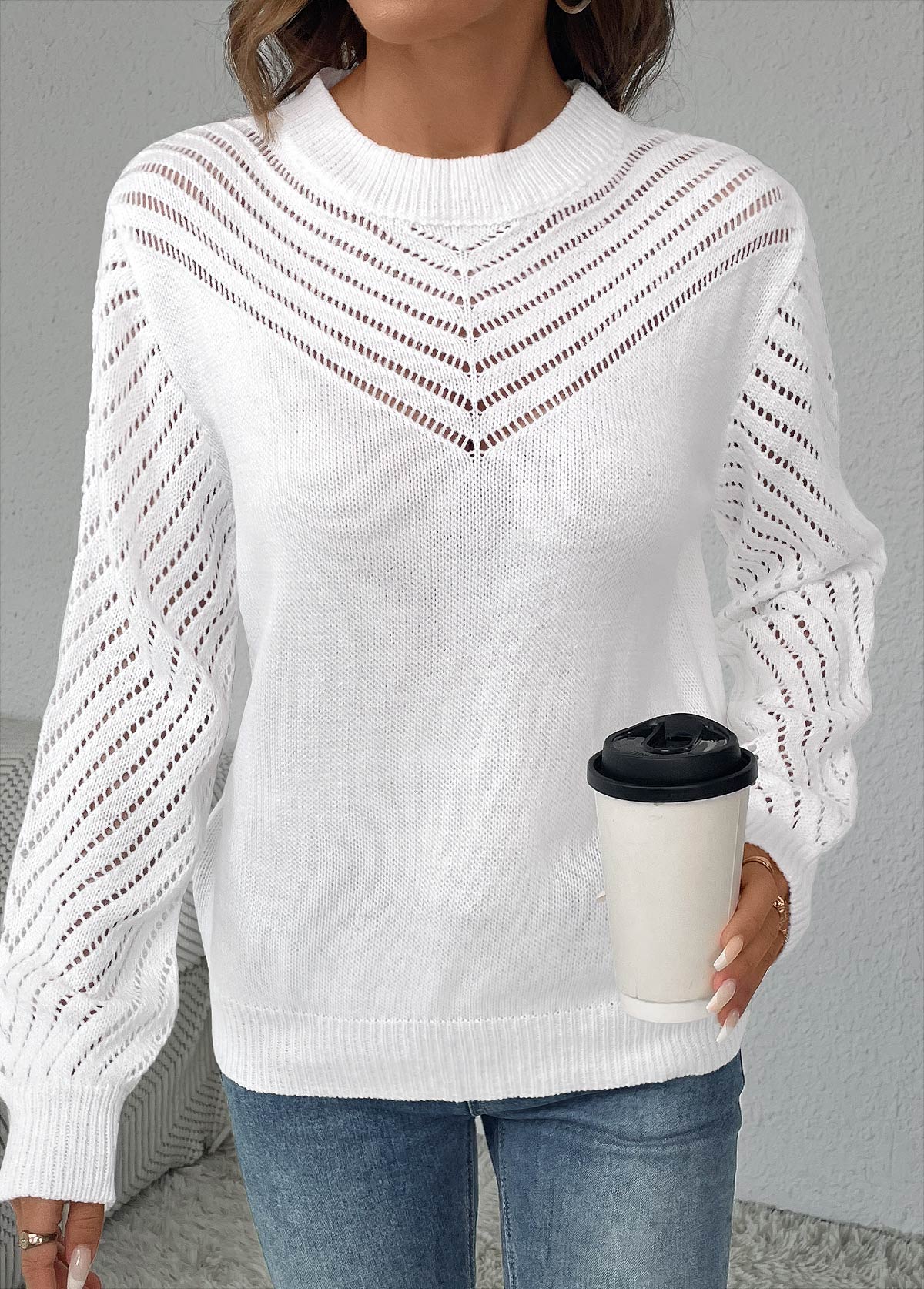 White Long Sleeve Round Neck Sweater | picture 