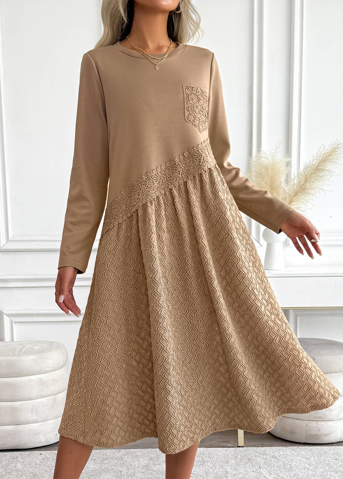 Dark Camel Tummy Coverage Long Sleeve Round Neck Dress | picture 