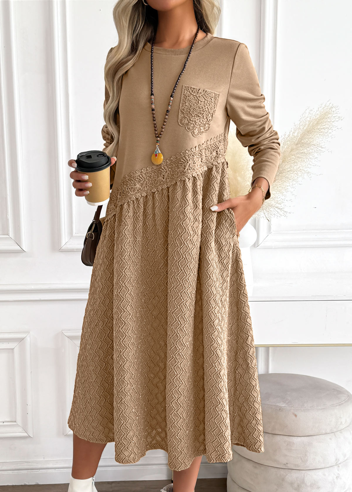 Dark Camel Tummy Coverage Long Sleeve Round Neck Dress | picture 