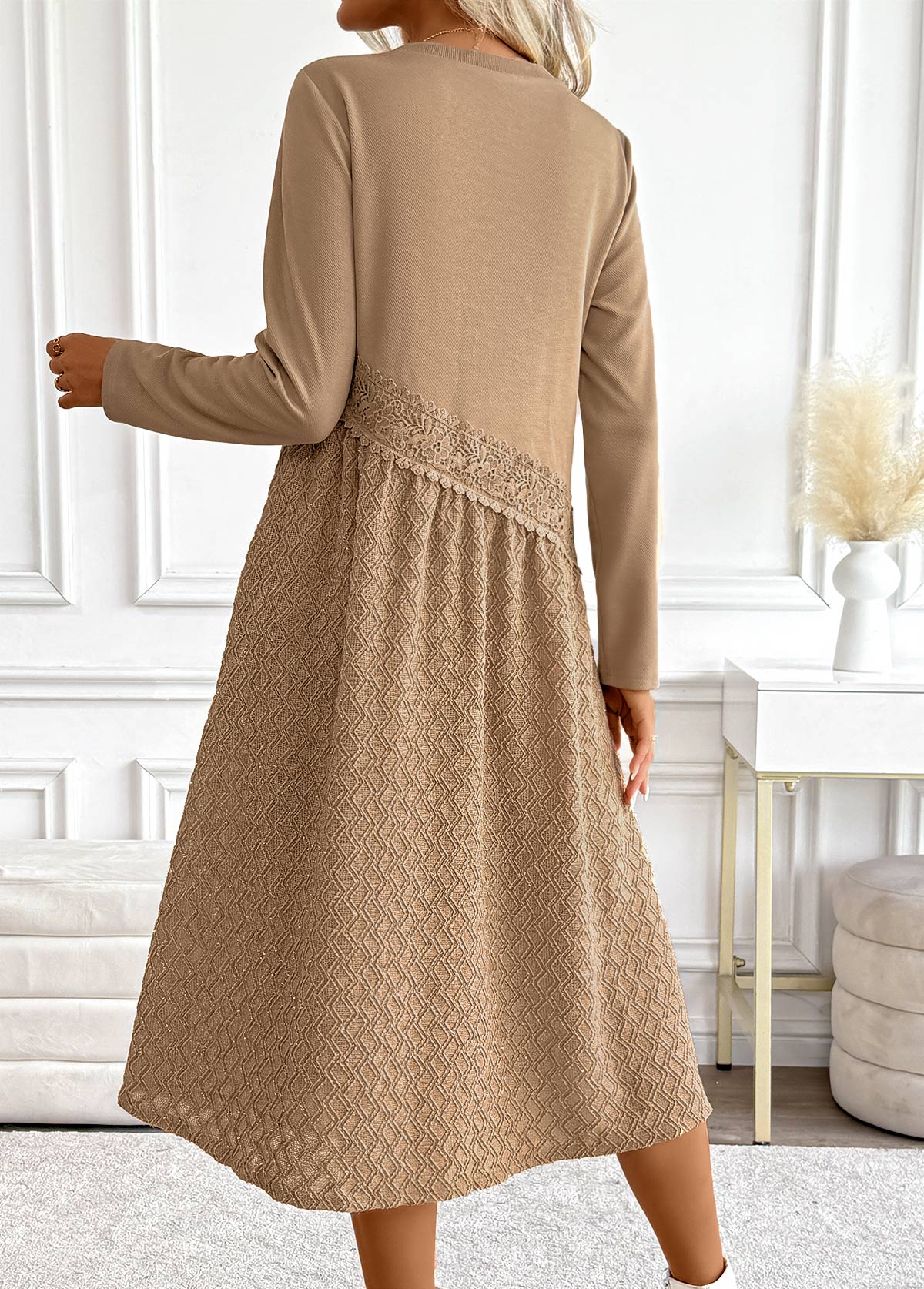 Dark Camel Tummy Coverage Long Sleeve Round Neck Dress | picture 
