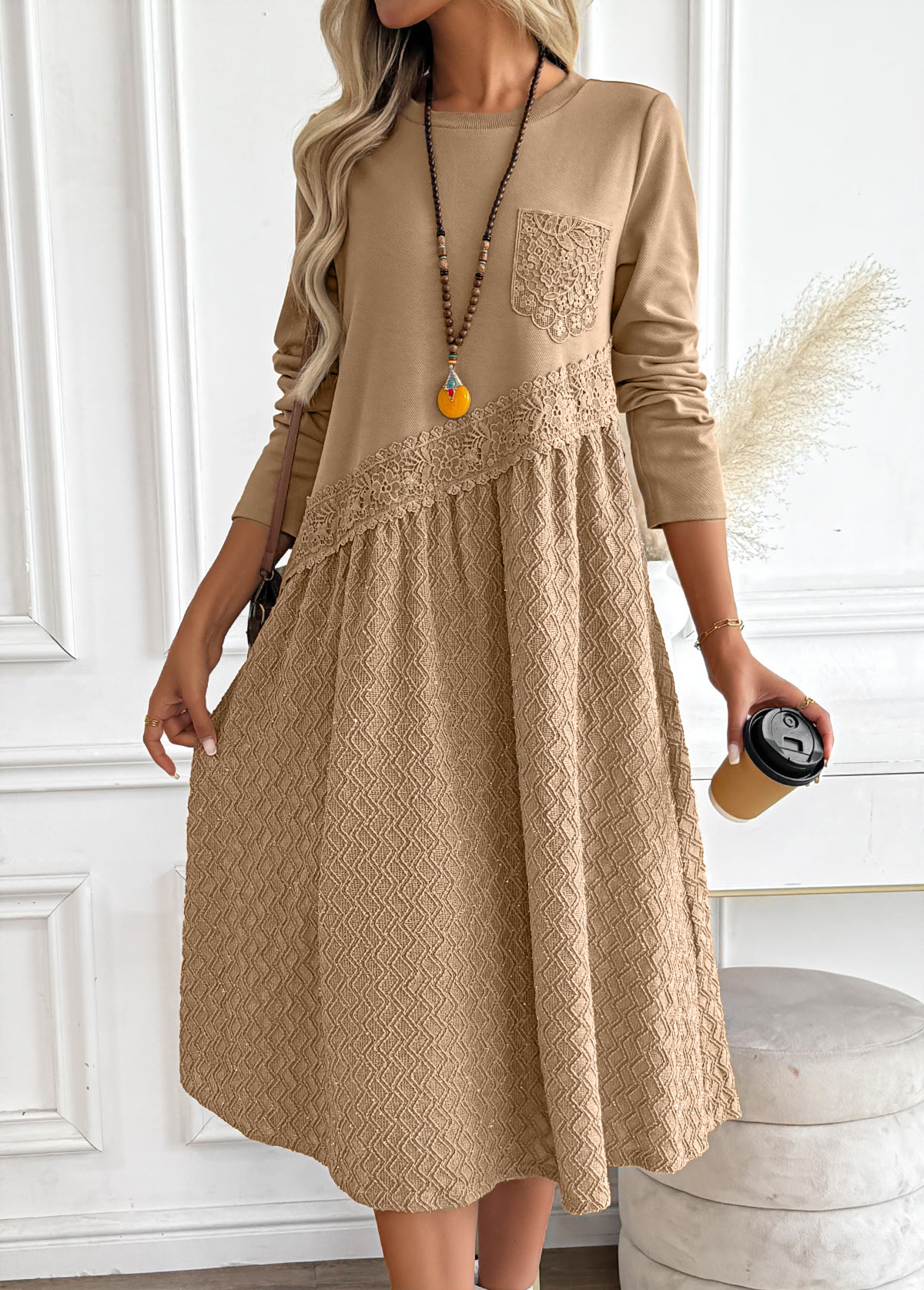 Dark Camel Tummy Coverage Long Sleeve Round Neck Dress | picture 