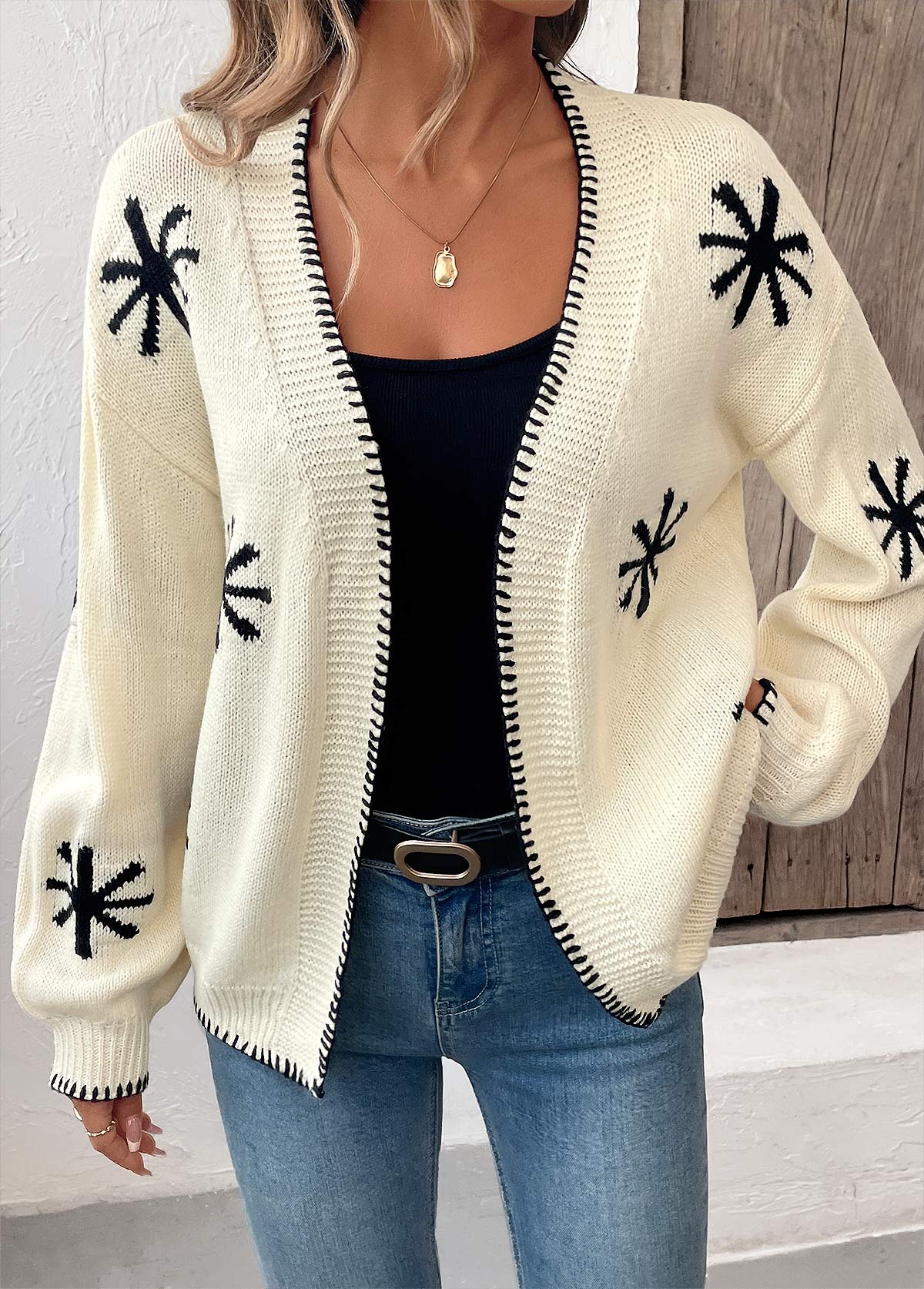 Beige Geometric Print Long Sleeve Cardigan | picture 
